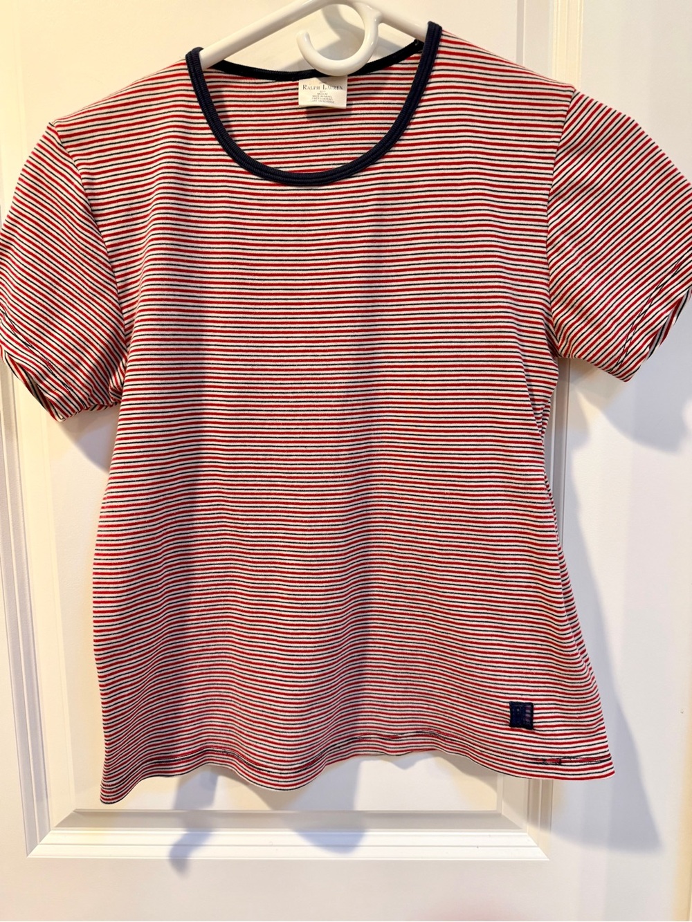 Vintage Ralph Lauren Micro Stripe Ringer Tee 90s Tshirt White Tag Red Navy Sz M